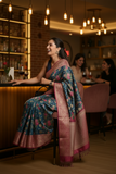 Blue Floral Pure Chanderi Digital Print Saree