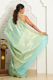 Sea Green Diagonal Pattern Banarasi Saree