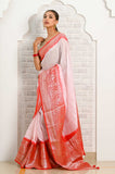 White-red Banarasi Linen Saree