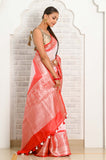 White-red Banarasi Linen Saree