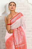 White-red Banarasi Linen Saree