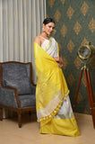 White Linen Saree with broad Yellow border