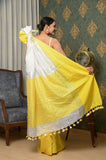 White Linen Saree with broad Yellow border