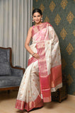 White Pure Silk Handwoven Chanderi Saree With Double Meena Booti