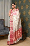 White Pure Silk Handwoven Chanderi Saree With Double Meena Booti