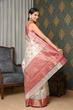 White Pure Silk Handwoven Chanderi Saree With Double Meena Booti