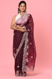 Wine Organza Embroidered Designer Saree