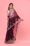 Wine Organza Embroidered Designer Saree