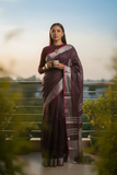 Wine Linen Saree with Silver Border
