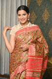 Yellow-red pattern Pure Tussar Ghicha Printed Saree