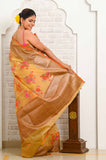 Yellow Multicolour Floral Cotton Banarasi Saree