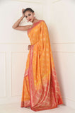 Yellow Pink Jamdani Work Soft Silk Banarasi Saree