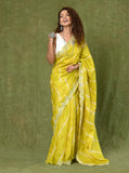 Yellow Pure Tussar Shiobori Mirror Work Saree