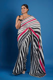 Black and Red Stripes Satin Handwork Designer Saree