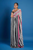 Black and Red Stripes Satin Handwork Designer Saree