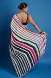 Black and Red Stripes Satin Handwork Designer Saree