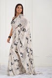 Black and White Crepe Satin Handwork Designer Saree