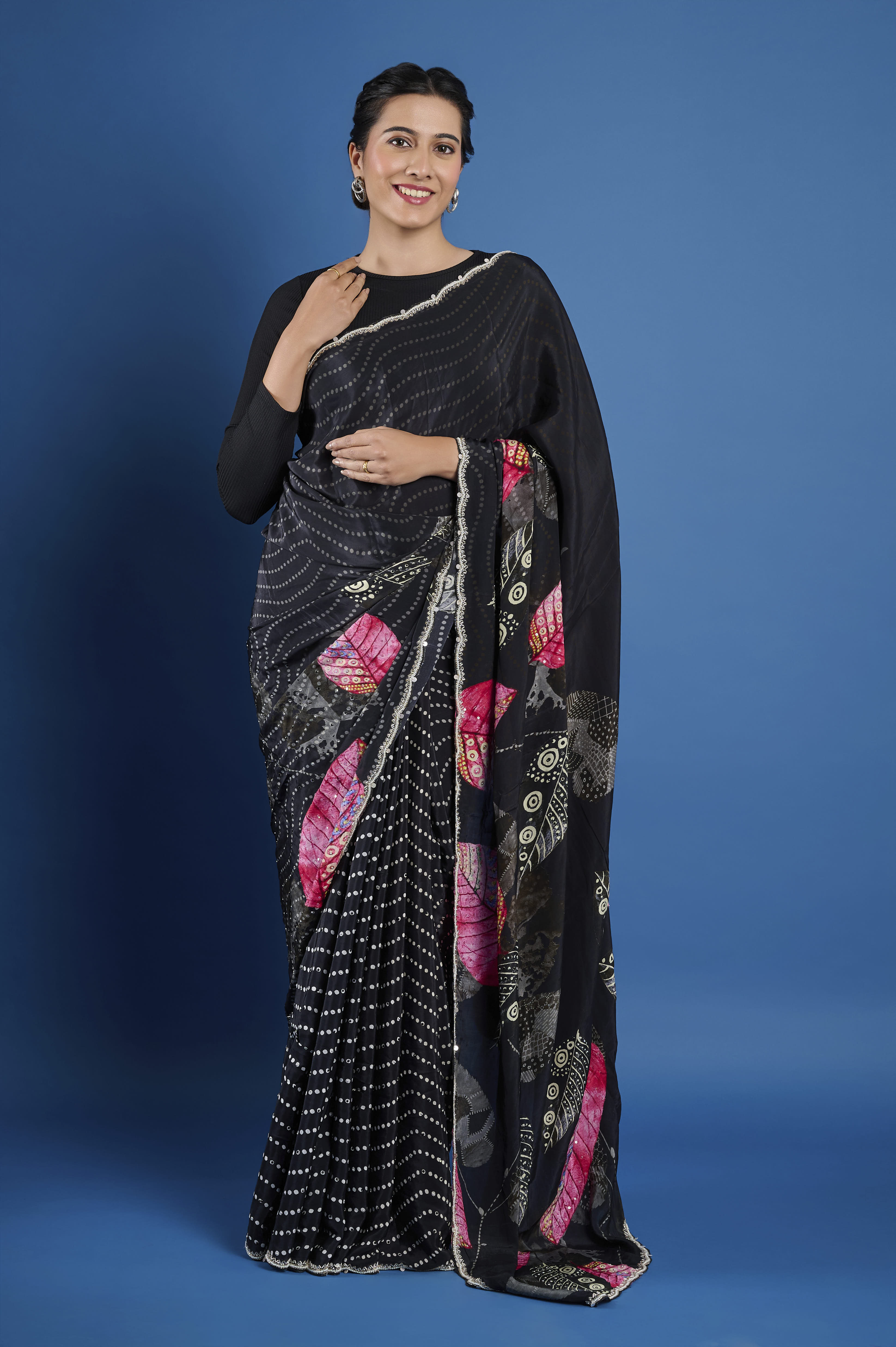 Handwork Perse Black Printed Crepe Handwork Designer Saree – Wearitage