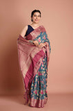 Blue Floral Pure Chanderi Digital Print Saree
