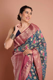 Blue Floral Pure Chanderi Digital Print Saree