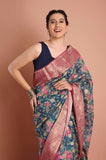 Blue Floral Pure Chanderi Digital Print Saree