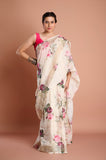 Cream Pure Linen Digital Printed Saree