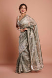 Green Printed Crush Tissue Handwork  Saree