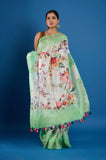 Green Pure Linen Digital Printed Saree