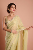 Green Satin Tissue Jaquard Handwork Designer Saree