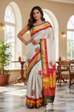 Offwhite Checks Moonga Silk Multicolour Black Border Hand Embroidered Saree