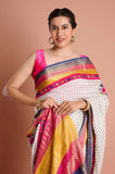 Offwhite Checks Moonga Silk Multicolour Blue Border Hand Embroidered Saree