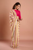 Offwhite Yellow Stripes Organza Handwork Designer Saree