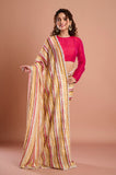 Offwhite Yellow Stripes Organza Handwork Designer Saree