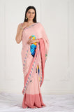 Pink Parrot Crepe Handwork Designer Saree