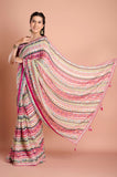 Pink Printed Georgette Stripe Saree