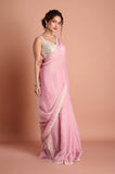 Pink Satin Tissue Jaquard Handwork Designer Saree