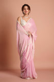 Pink Satin Tissue Jaquard Handwork Designer Saree
