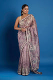 Purple Printed  Crush Tissue Handwork Saree