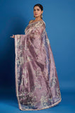 Purple Printed  Crush Tissue Handwork Saree