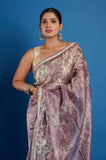 Purple Printed  Crush Tissue Handwork Saree