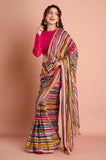 Red Yellow Printed Georgette Stripe Saree
