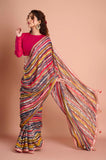 Red Yellow Printed Georgette Stripe Saree