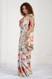 White Blue Floral Printed Crepe Handwork Saree