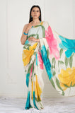 White Floral Printed Crepe Handwork Designer Saree