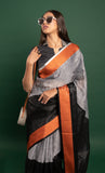 Ash Linen Saree with Orange Pallu