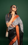 Ash Linen Saree with Orange Pallu