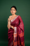 Maroon Linen Saree with Orange silver border and Pallu