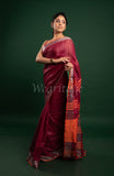 Maroon Linen Saree with Orange silver border and Pallu