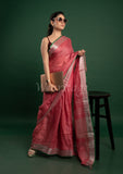 Orange Linen Saree with Silver Green Border