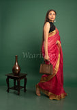Pink Linen Saree with Green Golden border